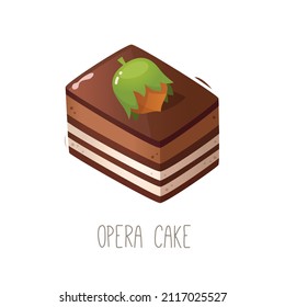 Collection of cakes, pies and desserts for all letters of alphabet. Letter O - opera cake. Chocolate coffee and almond layered sponge cake with ganache cream cover glaze. Isolated vector illustration