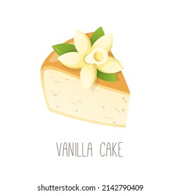 Collection of cakes, pies and desserts for all letters of alphabet. Letter V - vanilla cake. Plane vanilla sponge dessert from flour sugar and dairy with flower on top. Isolated vector illustration