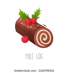 Collection of cakes, pies and desserts for all letters of alphabet. Letter Y - yule log cake. Roll of chocolate sponge cake with butter cream. Dessert decorated with holly Isolated vector illustration