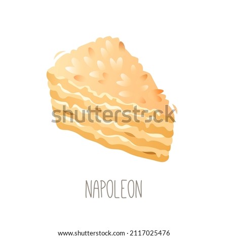 Collection of cakes, pies and desserts for all letters of alphabet. Letter N - napoleon cake. Puff pastry fluffy layered French dessert with delicious vanilla cream. Isolated vector illustration Foto stock © 