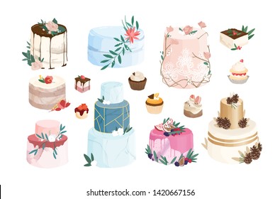 Collection of cakes, tarts, cupcakes decorated by icing and cream. Bundle of delicious desserts of modern design isolated on white background. Set of confections. Flat cartoon vector illustration.