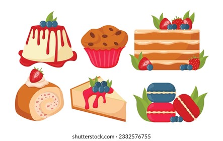 Collection of cakes. Vector illustration of beautiful cakes. Isolated on white. summer strawberries