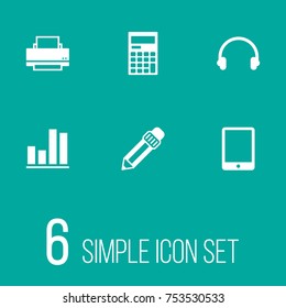 Collection Of Calculator, Printer, Earmuff And Other Elements.  Set Of 6 Work Icons Set. 