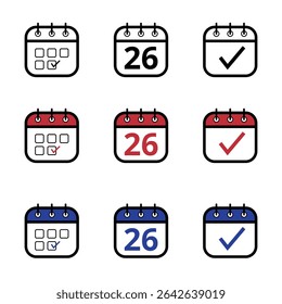 Collection of calendar icons in different models in black, red and blue colors. Calendar icon with a specific day marked, day 26.