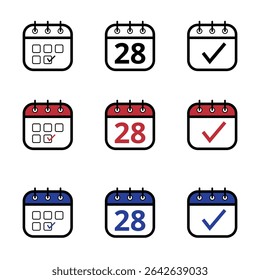 Collection of calendar icons in different models in black, red and blue colors. Calendar icon with a specific day marked, day 28.