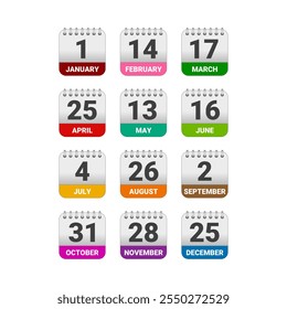 A collection of calendar icons for each month of the year. Perfect for planners, apps, or organisational tools.