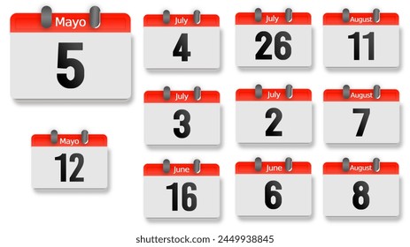 Collection of calendar icons, May 5th, July 4th, June 16th. Set of calendar symbols. Meeting deadlines icon. Appointment scheduling flat icon