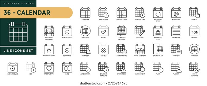 Una colección de iconos de Calendario configurados con trazo editable, que incluye reprogramación, evento, fecha y hora, día mundial, puntero, evento importante, fecha, cita, fecha límite. Ilustración de iconos vectoriales de línea