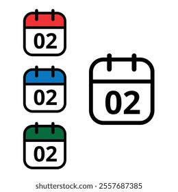 Collection of calendar icons with a specific day marked, one with an open outline and three colored, calendar icons with day 02.