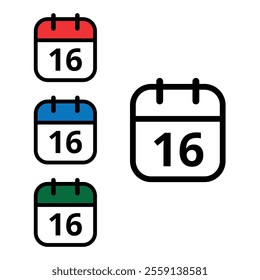 Collection of calendar icons with a specific day marked, one with an open outline and three colored, calendar icons with day 16.