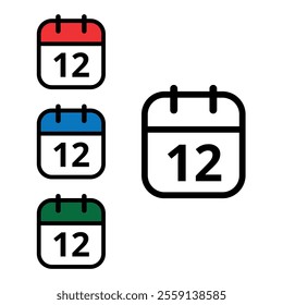 Collection of calendar icons with a specific day marked, one with an open outline and three colored, calendar icons with day 12.