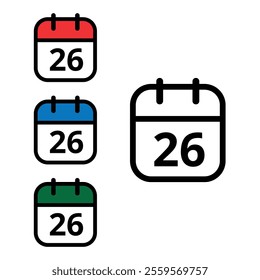 Collection of calendar icons with a specific day marked, one with an open outline and three colored, calendar icons with day 26.