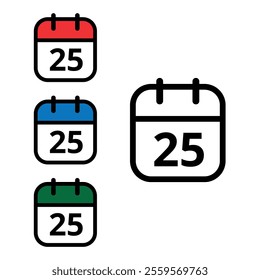 Collection of calendar icons with a specific day marked, one with an open outline and three colored, calendar icons with day 25.