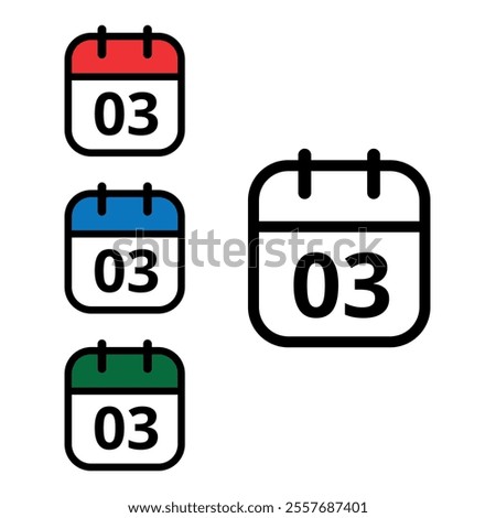 Collection of calendar icons with a specific day marked, one with an open outline and three colored, calendar icons with day 03.