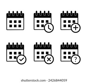 collection of calendar icons with time marks, add, tick, cross and question marks