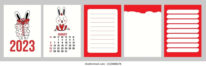 Collection calendar template for August 2023 with cute rabbit ballerina and planner pages, notes, to do list. Vector illustration. Week from Sunday. in english. 2023 year of rabbit to Chinese calendar