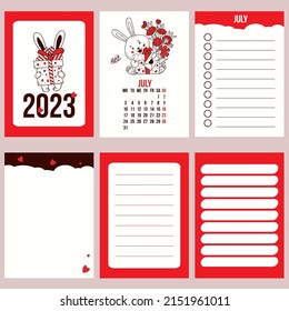 Collection calendar template for July 2023 with cute rabbit of flowers and planner pages, notes, to do list. Vector illustration. Week from Monday. in english. 2023 year of rabbit to Chinese calendar