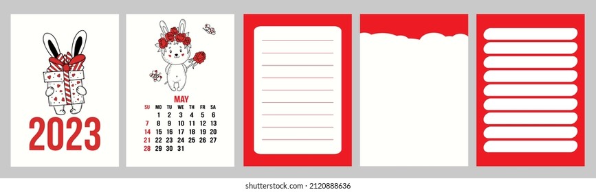 Collection calendar template for May 2023 with cute rabbit of flowers and planner pages, notes, to do list. Vector illustration. Week from Sunday. in english. 2023 year of rabbit to Chinese calendar
