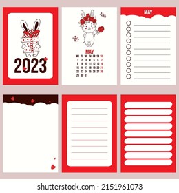 Collection calendar template for May 2023 with cute rabbit of flowers and planner pages, notes, to do list. Vector illustration. Week from Monday. in english. 2023 year of rabbit to Chinese calendar