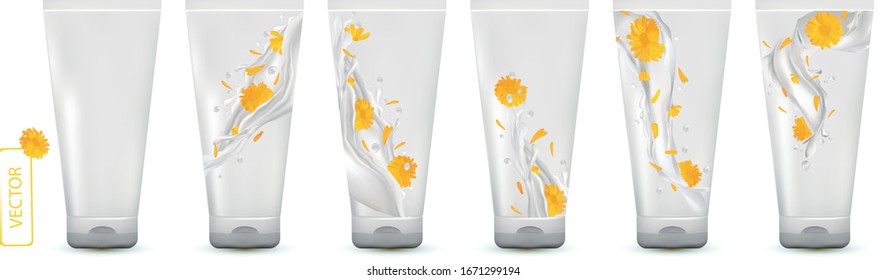 Collection calendula cream in tube. Milk splash with flower marigold. Cosmetic product. 3D realistic calendula. Vector illustration.