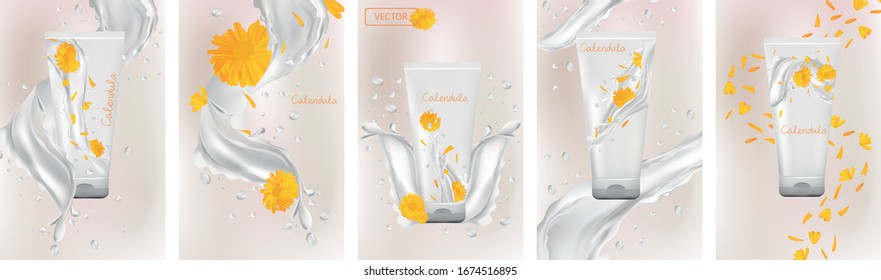 Collection calendula cream in tube. Milk splash with flower marigold. Cosmetic product. 3D realistic calendula. Vector illustration.