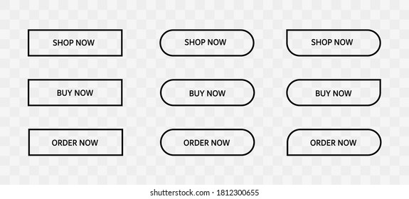 Collection call to action buttons. Vector flat illustrations. Set buttons buy now, shop now, order now isolated on transparent background.