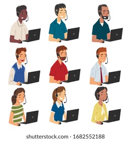Collection of Call Center Operators, Male and Female Online Customer Support Service Assistants with Headset, Help Desk, Technical Support Vector Illustration