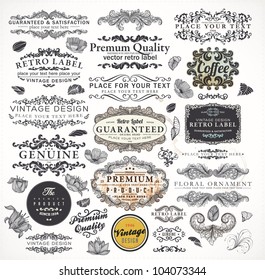 Collection: calligraphic design elements and page decorations, Premium Quality and Satisfaction Guarantee Label set with vintage engraving flowers, leafs and floral frames. Grunge vector texture.