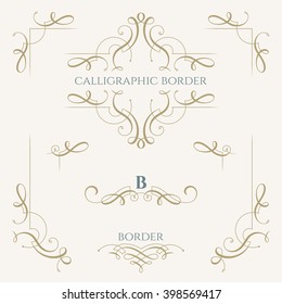 Collection of calligraphic elements. Decorative frame and borders. Template cards, menu. Graphic design page. Classic design elements for wedding invitations.