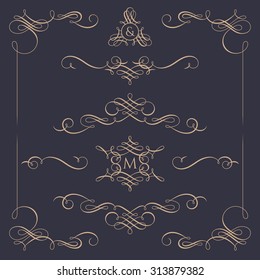 Collection of calligraphic elements. Decorative monograms and  borders. Template signage, logos, labels, stickers, cards, menu. Graphic design page. Classic design elements for wedding invitations.