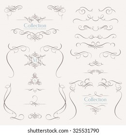 Collection of calligraphic elements. Decorative monograms and  borders. Template signage, logos, labels, stickers, cards, menu. Graphic design page. Classic design elements for wedding invitations.