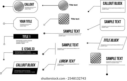 colección de llamadas, incluidos cuadros de texto de título, marcos de infografía, globos de texto emergentes, rótulos de voz y flechas. Perfecto para infografías y presentaciones. Ilustración vectorial.