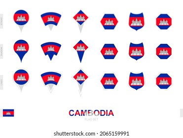 Collection of the Cambodia flag in different shapes and with three different effects. Vector flag set.
