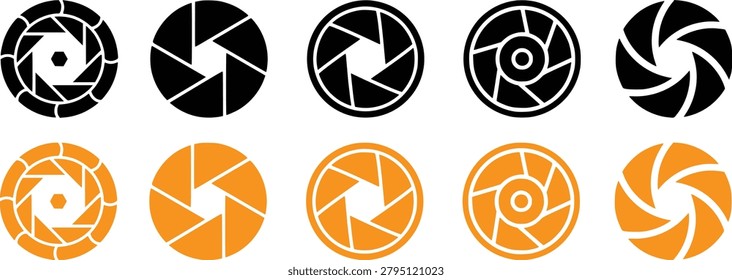 A collection of camera aperture icons in black and orange colors, featuring various shutter blade designs for photography and lens settings, isolated on white background.