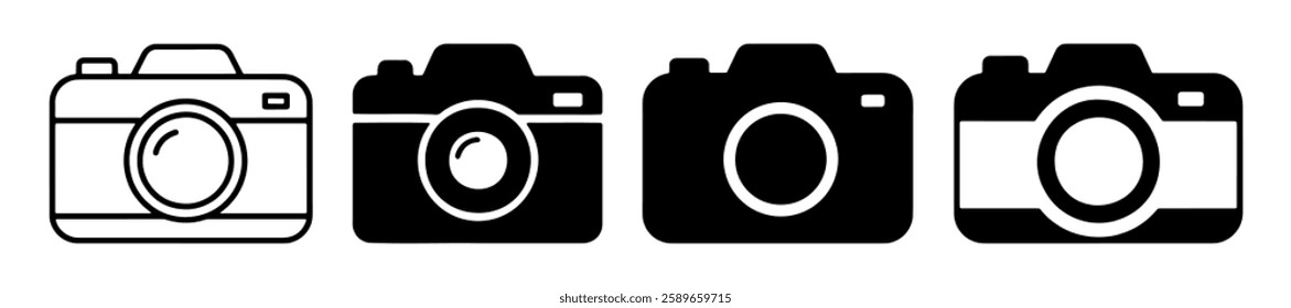 collection of camera icons designed in black and white styles ideal for graphic projects. Perfect for web design or printed media.