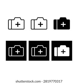 Collection of camera icons featuring a plus sign, displayed in outline and solid styles. Ideal for photography apps, web design, and digital interfaces.