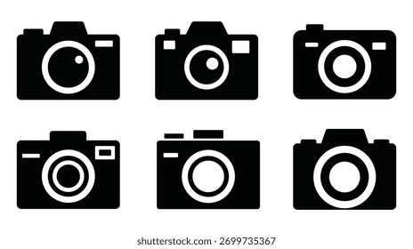 Colección de iconos de cámara en varios estilos, aislados sobre fondo blanco, mostrando diferentes diseños para conceptos de Fotografía y tecnología