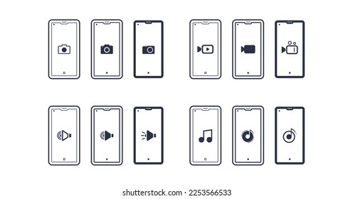una colección de imágenes de cámara, grabación, altavoz e iconos de música en un smartphone. icono de vector de smartphone