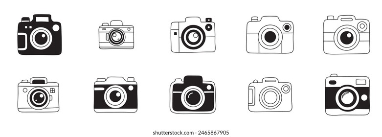 Collection of camera silhouette in doodle style. Camera icons set. Hand drawn vector art.