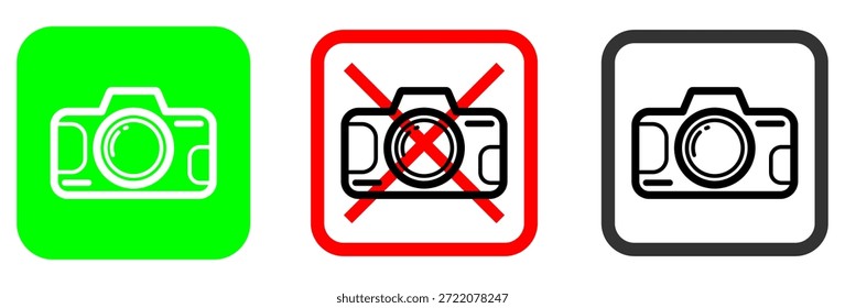 Sammlung von Kamerastatussymbolen für die digitale Nutzung, die erlaubte und eingeschränkte Fotografiebereiche mit intuitiver grüner, roter und schwarzer Farbcodierung anzeigen