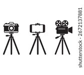 A collection of camera and tripod icons, presented as a silhouette isolated on a white background. This set offers versatile graphic elements for photography and travel themes.