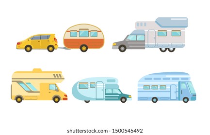 Collection of Camper or Commercial Trailers, Trailering, Camping, Outdoor Adventures Vector Illustration