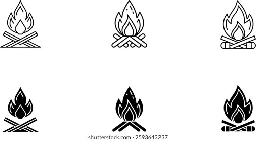 A collection of campfire icons in outline and solid styles. These icons represent bonfires, survival fires, and outdoor camping flames.