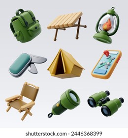 Collection of camping 3d icon travel and picnic adventure concept. Eps 10 Vector 