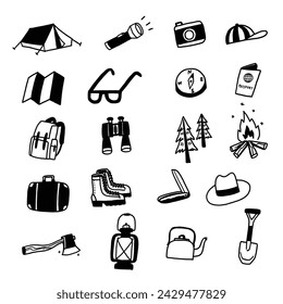 Collection with camping elements, Hand drawn illustrations vector doodle style.