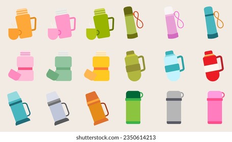 Collection  camping equipment design ,Container water bottles for sport.Set of drinking water bottles.