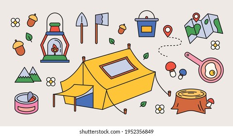 Collection of camping equipment. outline simple vector illustration.