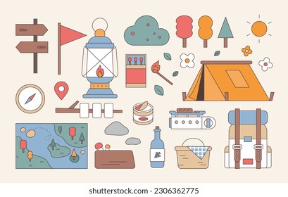 Colección de equipos de camping. Ilustración vectorial de estilo de contorno simple.