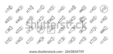 Collection of Camping Flashlight Related Line Icons. Outline Signs for Graphic and Web Design, Apps, Adverts, Various Cards
