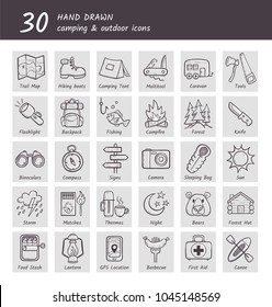 Collection of camping and hiking equipment icons. Hand drawn style. Each icon has his own description below: caravan, fishing, campfire, lantern, compass... Vector illustration.